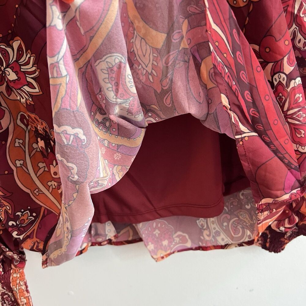 AURA Red Paisley Blouse Tie Neck Flowy Balloon Sleeves Top Large Women’s NWT - Picture 4 of 9